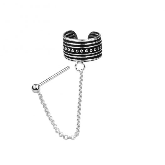 Zilveren ear cuff, rijk bewerkt met chain